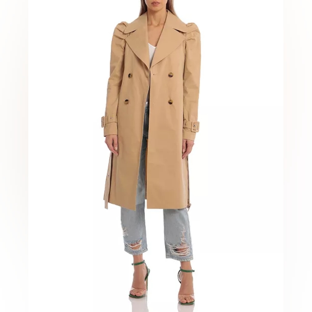 NWT Avec Les Filles Women's Puff Sleeve Double Breasted Trench Coat Size XS